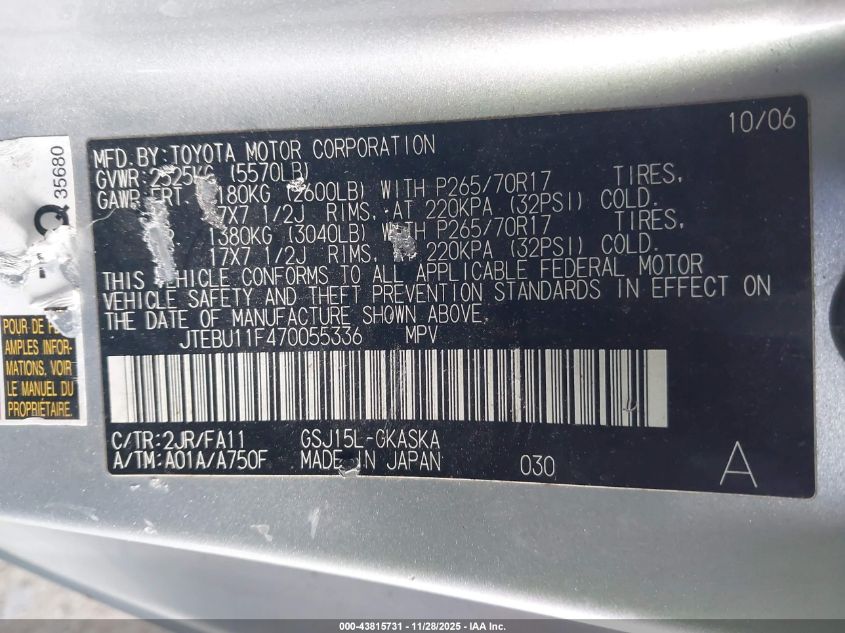 2007 Toyota Fj Cruiser VIN: JTEBU11F470055336 Lot: 43815731