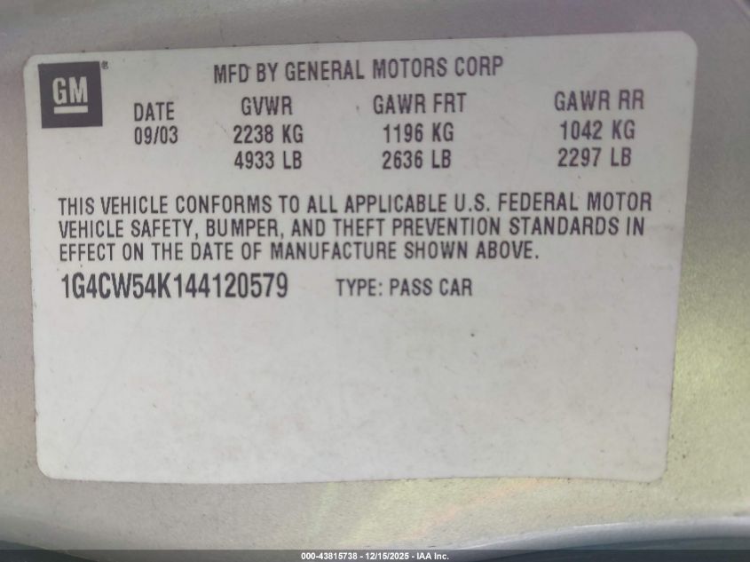 2004 Buick Park Avenue VIN: 1G4CW54K144120579 Lot: 43815738