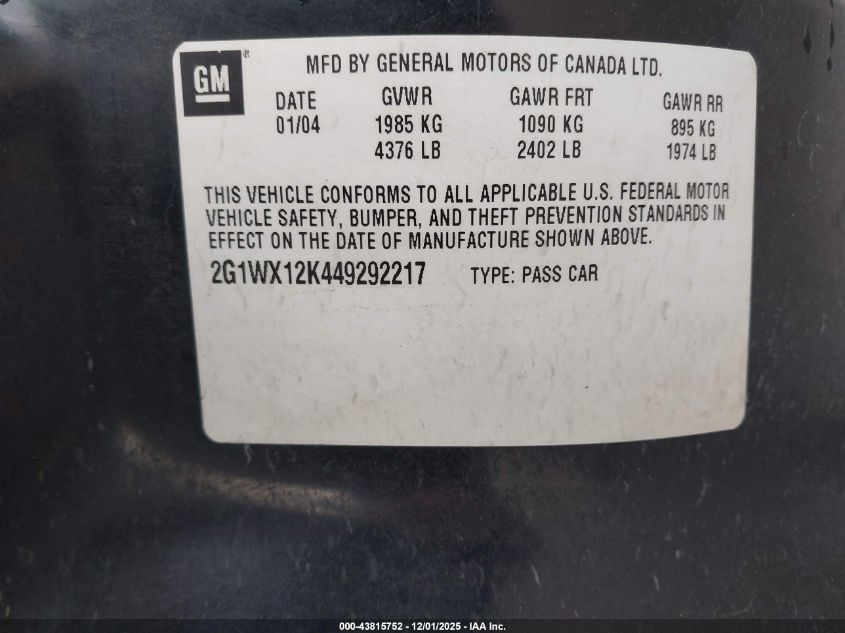 2004 Chevrolet Monte Carlo Ss VIN: 2G1WX12K449292217 Lot: 43815752