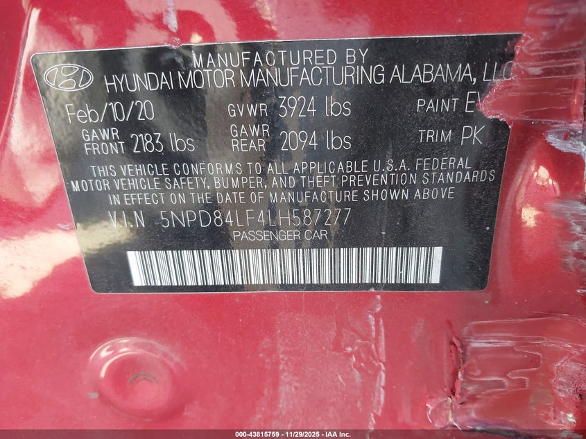 2020 Hyundai Elantra Sel VIN: 5NPD84LF4LH587277 Lot: 43815759