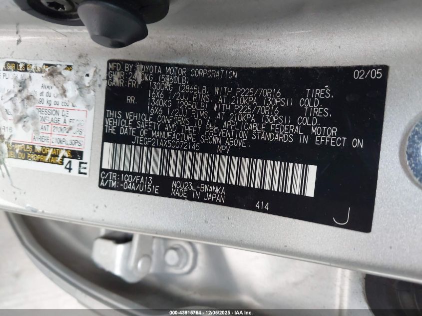 2005 Toyota Highlander V6 VIN: JTEGP21AX50072145 Lot: 43815764