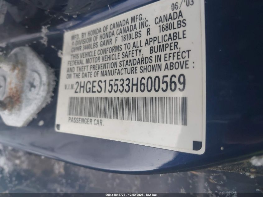 2003 Honda Civic Lx VIN: 2HGES15533H600569 Lot: 43815773