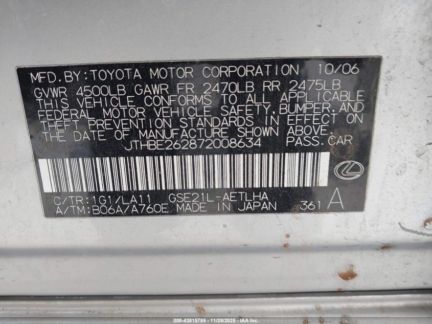 2007 Lexus Is 350 VIN: JTHBE262872008634 Lot: 43815786