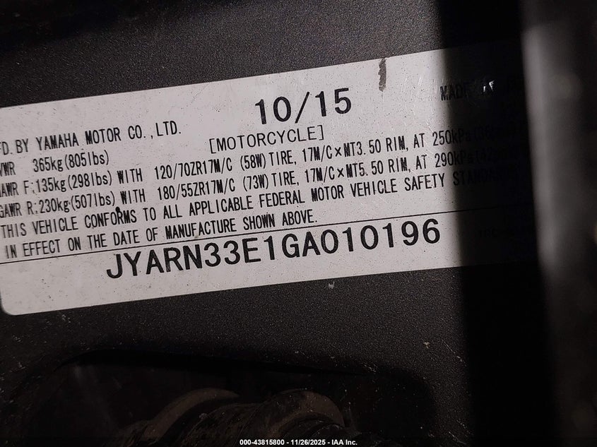 2016 Yamaha Fz09 VIN: JYARN33E1GA010196 Lot: 43815800