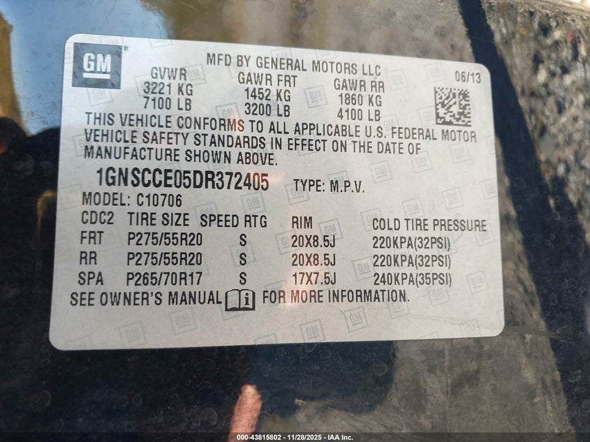 2013 Chevrolet Tahoe Ltz VIN: 1GNSCCE05DR372405 Lot: 43815802