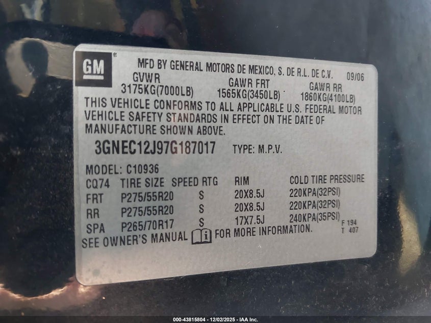 3GNEC12J97G187017 2007 CHEVROLET AVALANCHE photo no. 9