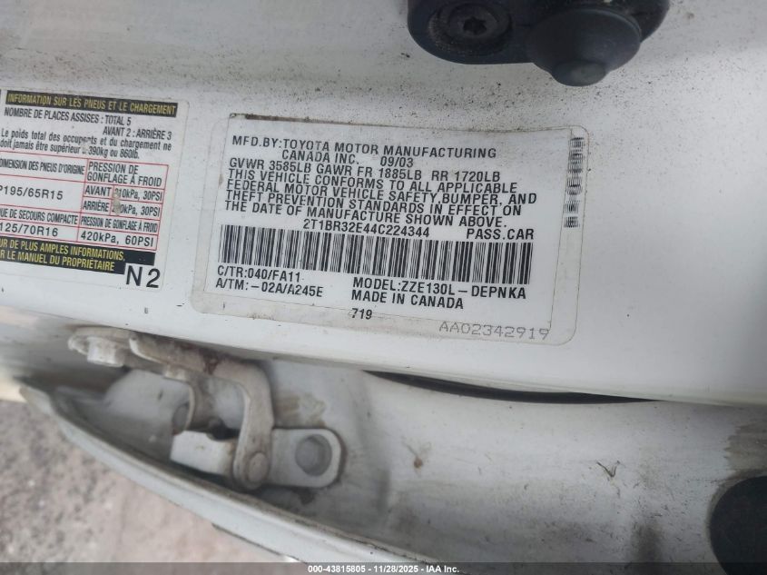 2004 Toyota Corolla Le VIN: 2T1BR32E44C224344 Lot: 43815805