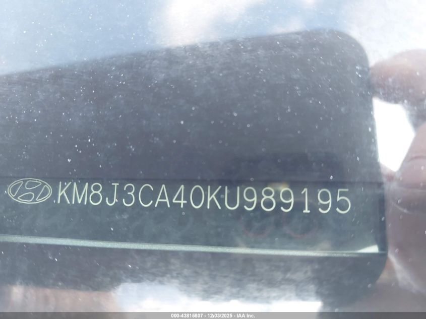 2019 Hyundai Tucson Value VIN: KM8J3CA40KU989195 Lot: 43815807