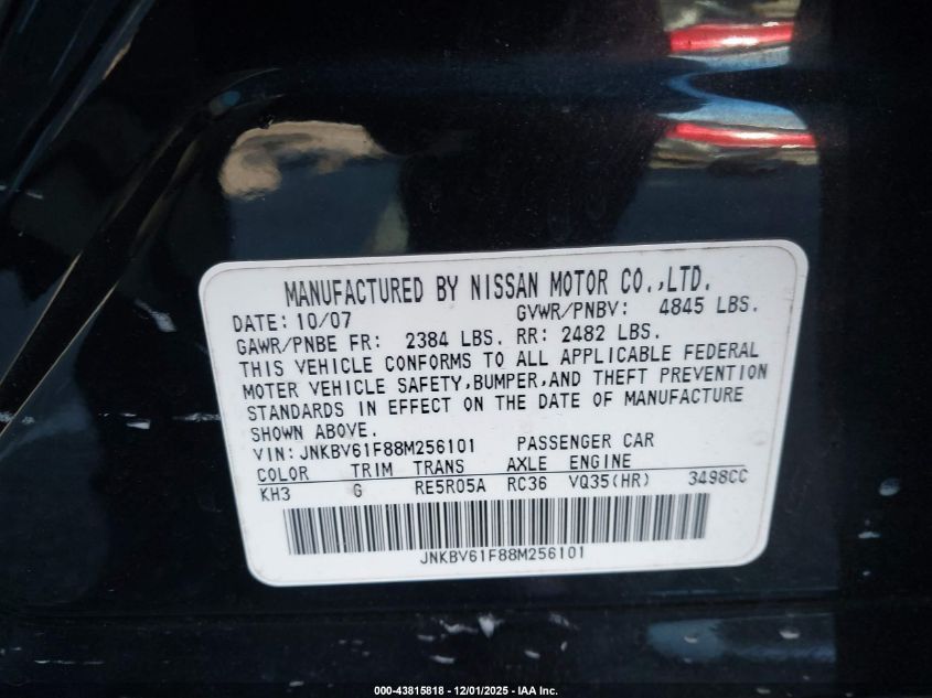 2008 Infiniti G35X VIN: JNKBV61F88M256101 Lot: 43815818