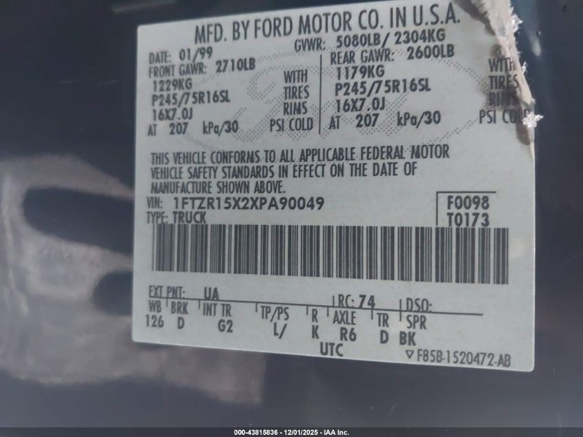 1999 Ford Ranger Xlt VIN: 1FTZR15X2XPA90049 Lot: 43815836