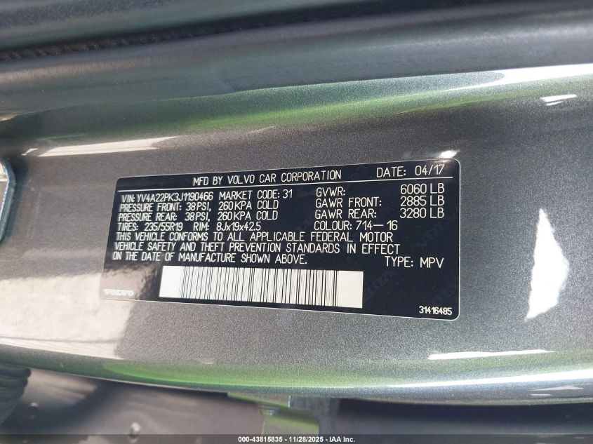 2018 Volvo Xc90 T6 Momentum VIN: YV4A22PK3J1190466 Lot: 43815835