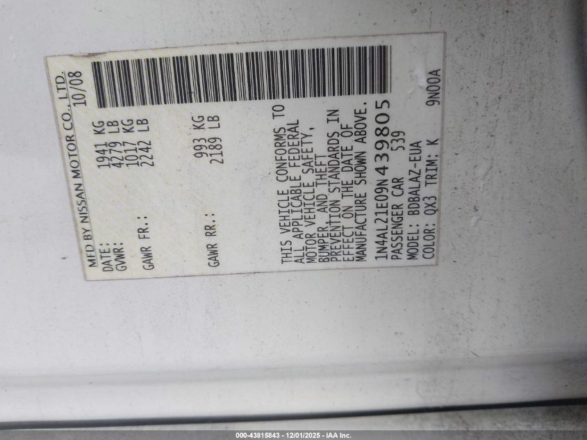 2009 Nissan Altima 2.5 VIN: 1N4AL21E09N439805 Lot: 43815843