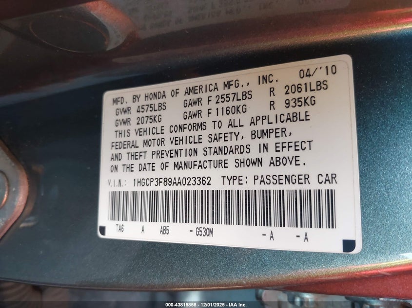 1HGCP3F89AA023362 2010 HONDA ACCORD photo no. 9
