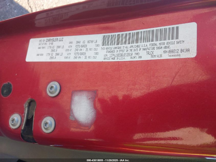 2008 Dodge Ram 1500 Laramie VIN: 1D7HU18238J212910 Lot: 43815859