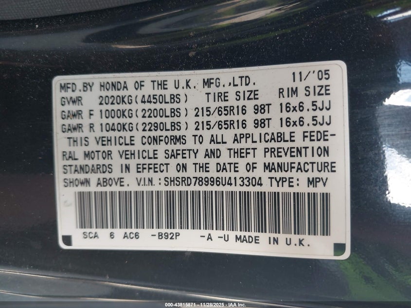 2006 Honda Cr-V Se VIN: SHSRD78996U413304 Lot: 43815871