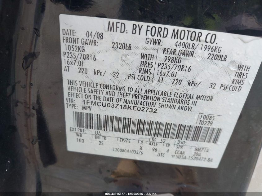 2008 Ford Escape Xlt VIN: 1FMCU03Z18KE02732 Lot: 43815877