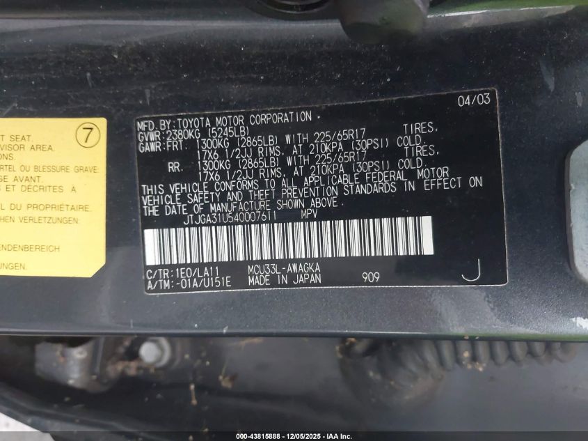 2004 Lexus 330Rx VIN: JTJGA314540007611 Lot: 43815888