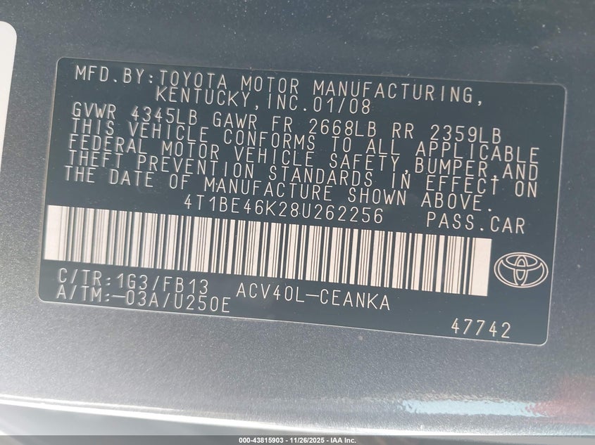 2008 Toyota Camry Le VIN: 4T1BE46K28U262256 Lot: 43815903