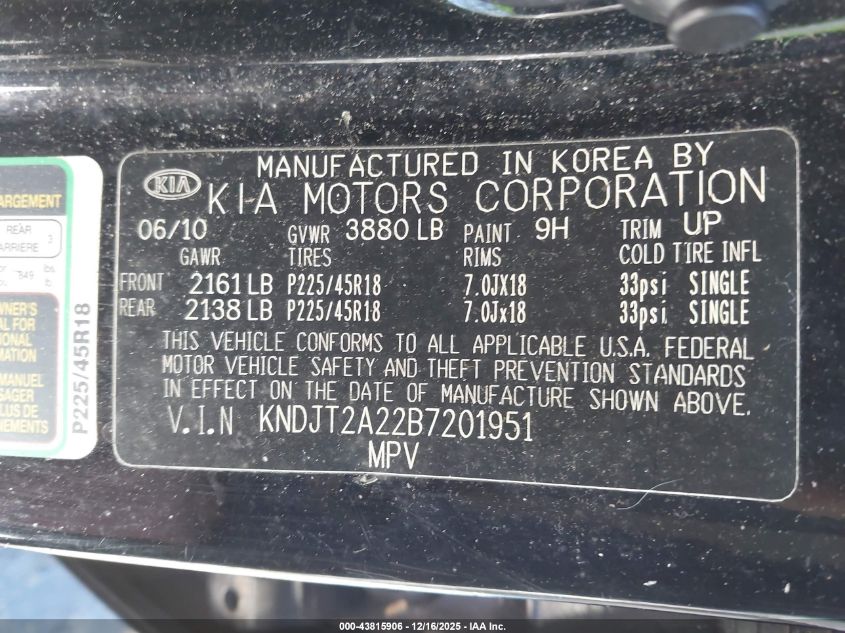 2011 Kia Soul ! VIN: KNDJT2A22B7201951 Lot: 43815906