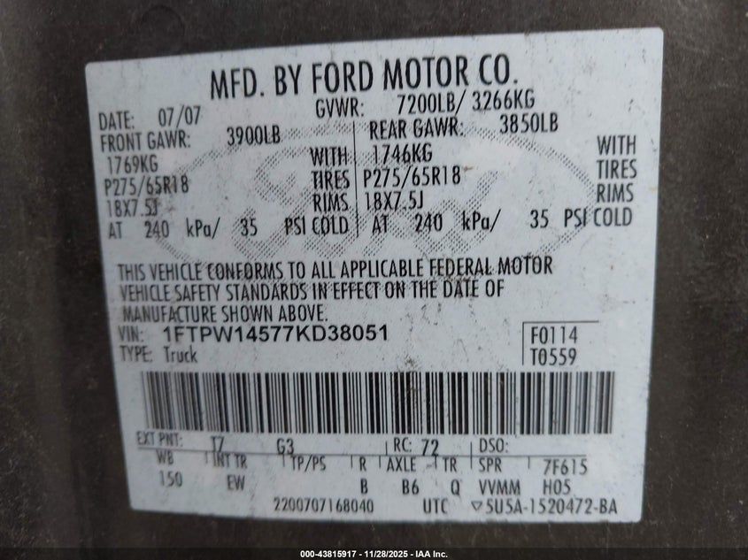 2007 Ford F-150 Fx4/Lariat/Xlt VIN: 1FTPW14577KD38051 Lot: 43815917
