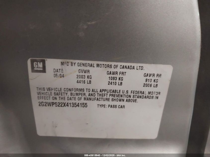 2004 Pontiac Grand Prix Gt1 VIN: 2G2WP522X41354155 Lot: 43815940
