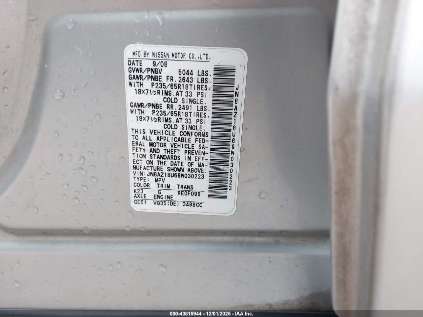 2009 Nissan Murano Sl VIN: JN8AZ18U69W030223 Lot: 43815944