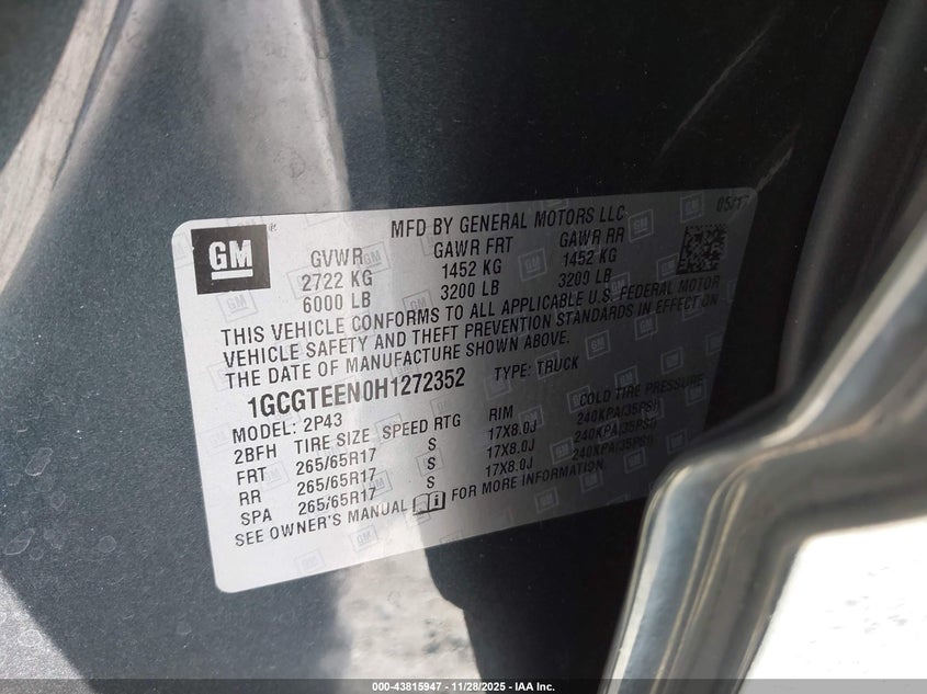 2017 Chevrolet Colorado Zr2 VIN: 1GCGTEEN0H1272352 Lot: 43815947