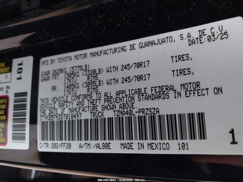 2025 Toyota Tacoma Sr5 VIN: 3TYKB5FN3ST018497 Lot: 43815953