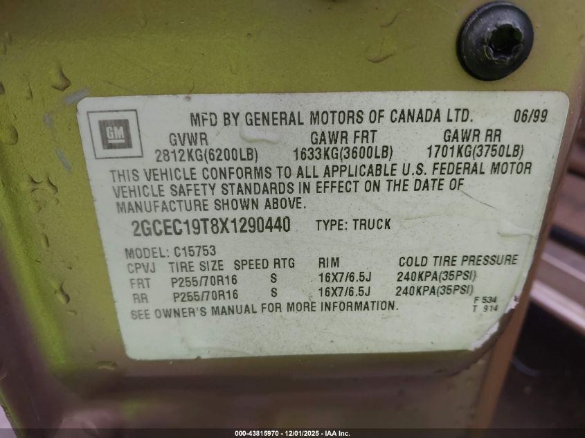 1999 Chevrolet Silverado 1500 Ls VIN: 2GCEC19T8X1290440 Lot: 43815970