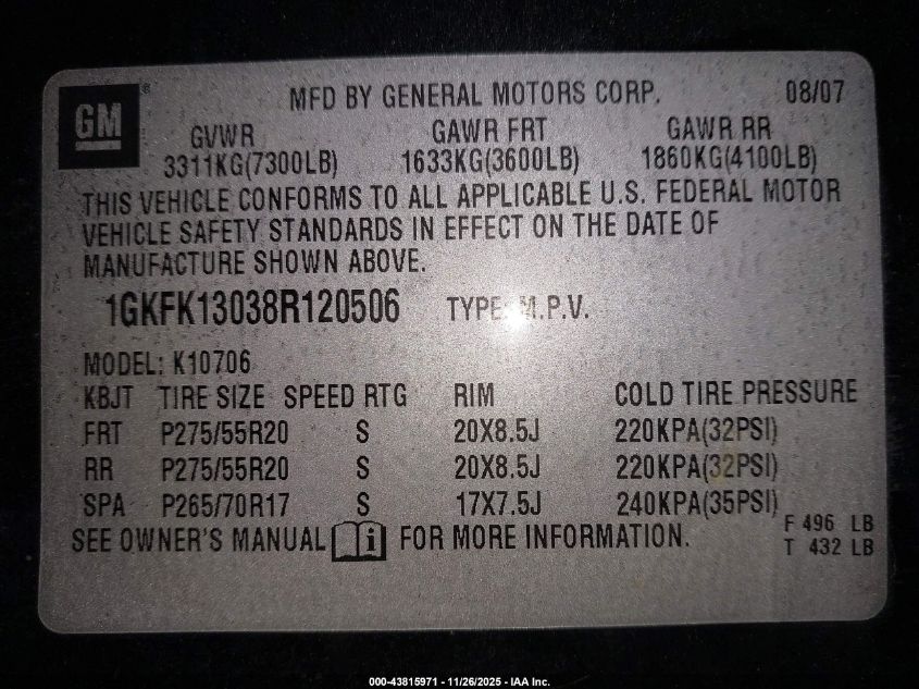 2008 GMC Yukon Slt VIN: 1GKFK13038R120506 Lot: 43815971