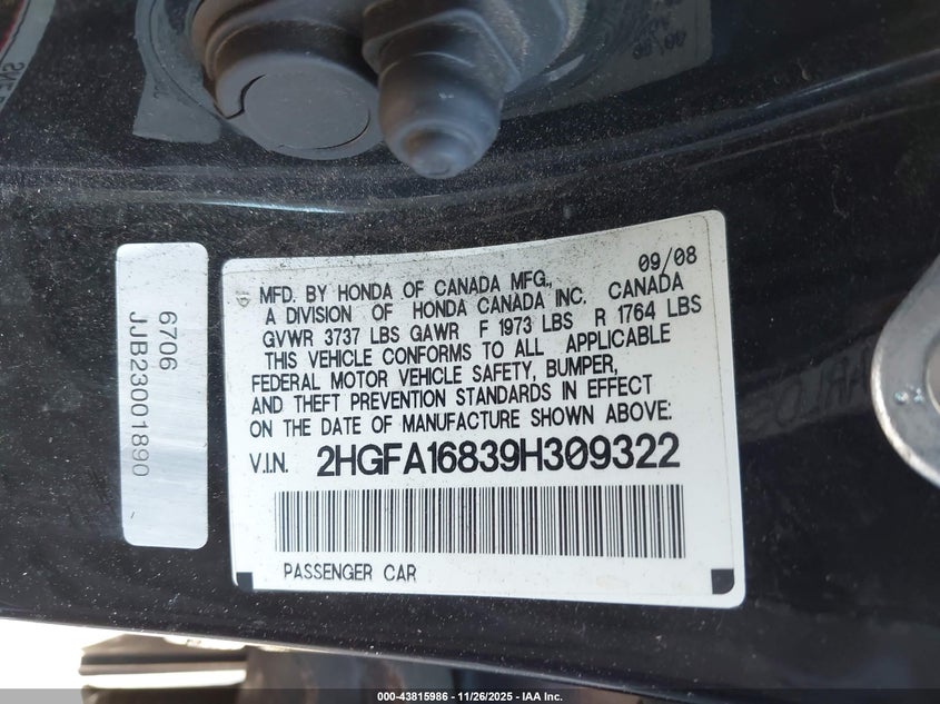 2009 Honda Civic Ex VIN: 2HGFA16839H309322 Lot: 43815986