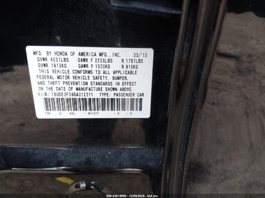 2016 Acura Ilx 2.4L/Acurawatch Plus Package VIN: 19UDE2F38GA012371 Lot: 43815990