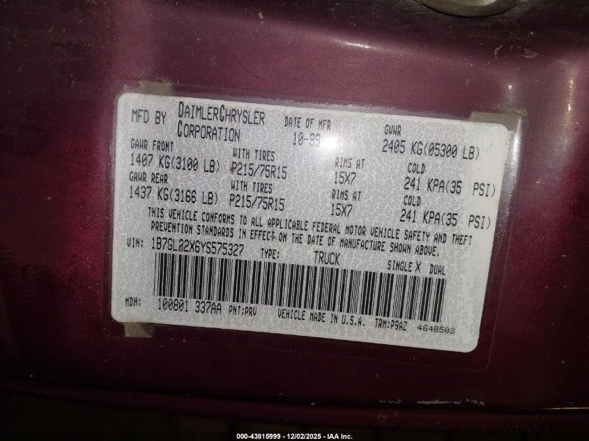 2000 Dodge Dakota Slt/Sport VIN: 1B7GL22X6YS575327 Lot: 43815999