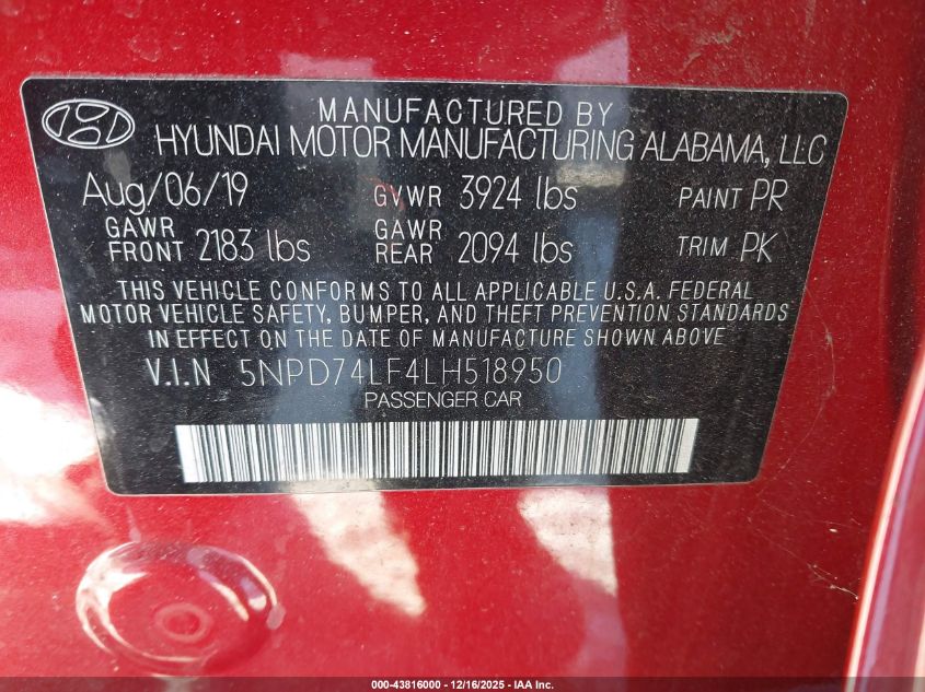 2020 Hyundai Elantra Se VIN: 5NPD74LF4LH518950 Lot: 43816000