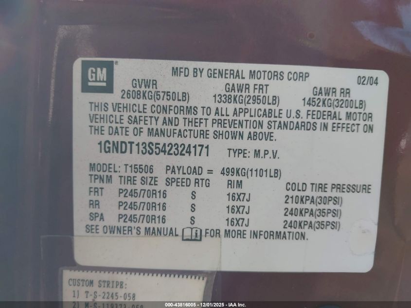 2004 Chevrolet Trailblazer Ls VIN: 1GNDT13S542324171 Lot: 43816005