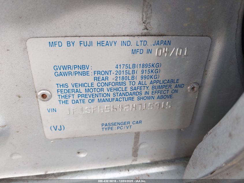 2002 Subaru Forester S VIN: JF1SF65642H715915 Lot: 43816016