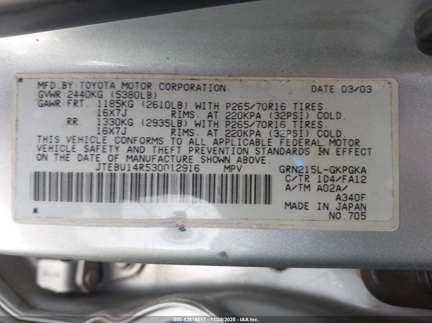 2003 Toyota 4Runner Sr5 V6 VIN: JTEBU14R530012916 Lot: 43816017