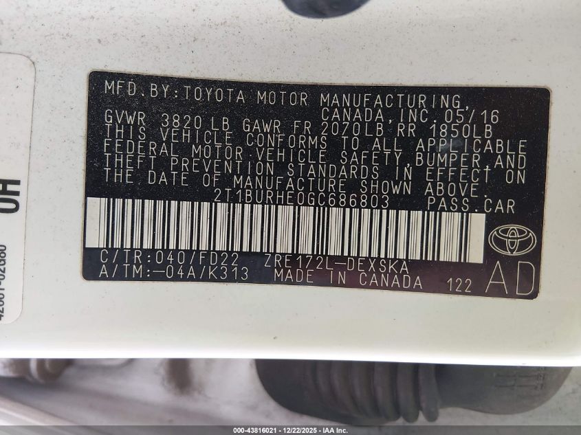 2016 Toyota Corolla S Plus VIN: 2T1BURHE0GC686803 Lot: 43816021