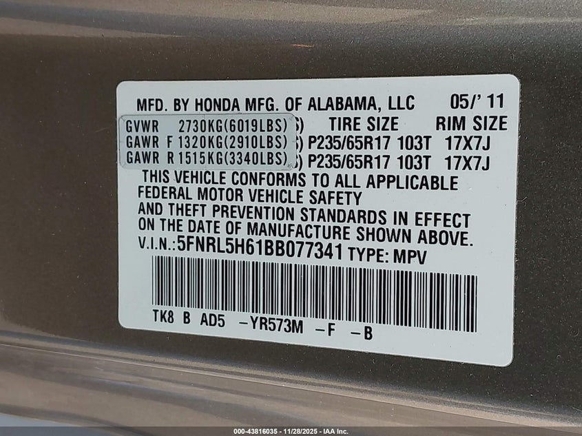 2011 Honda Odyssey Ex-L VIN: 5FNRL5H61BB077341 Lot: 43816035