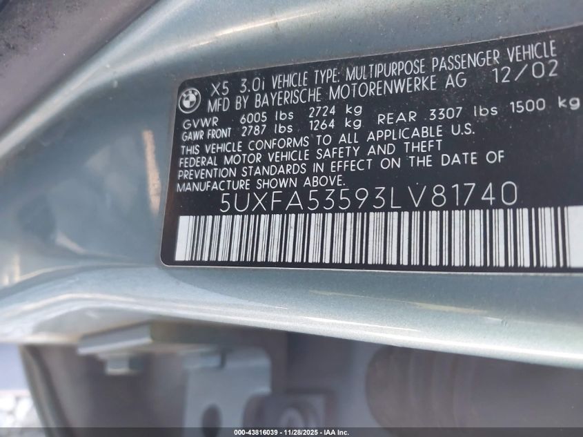 2003 BMW X5 3.0I VIN: 5UXFA53593LV81740 Lot: 43816039