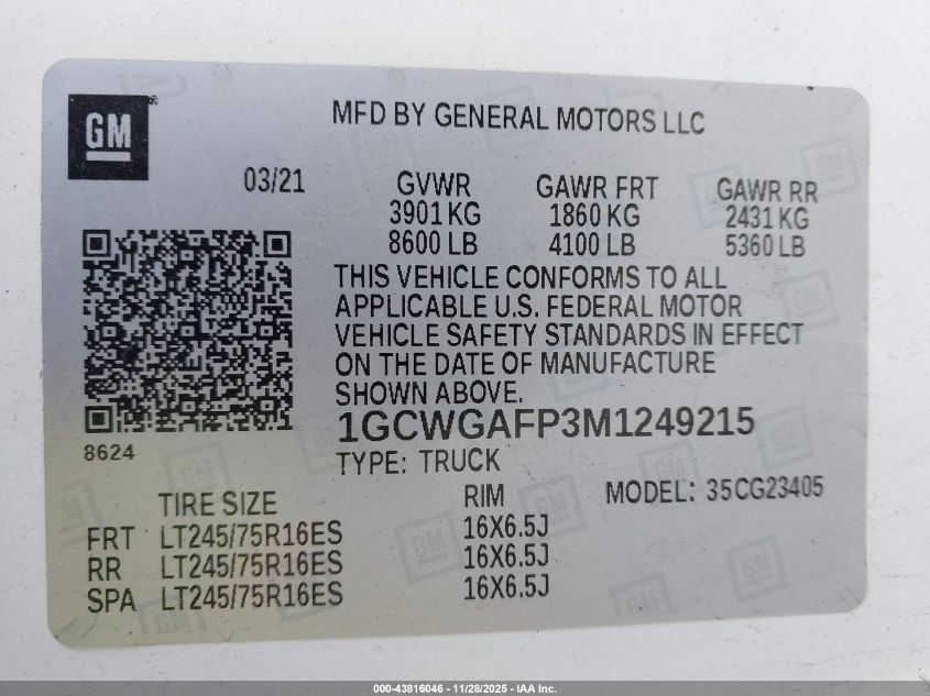 2021 Chevrolet Express Cargo Rwd 2500 Regular Wheelbase Wt VIN: 1GCWGAFP3M1249215 Lot: 43816046