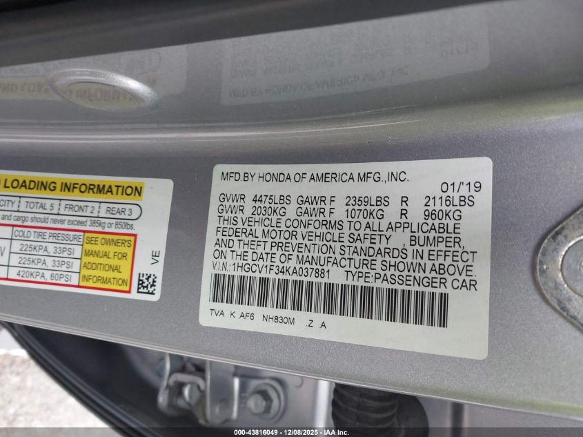 2019 Honda Accord Sport VIN: 1HGCV1F34KA037881 Lot: 43816049