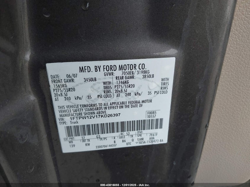 1FTPW12V17KD26397 2007 FORD F-150 photo no. 9