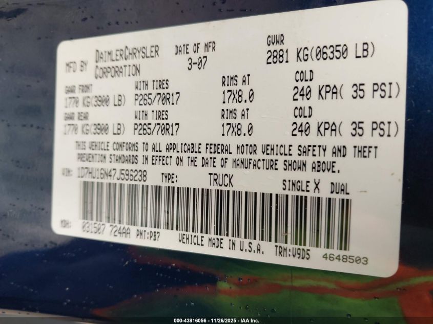 2007 Dodge Ram 1500 Slt/Trx4 Off Road/Sport VIN: 1D7HU16N47J596238 Lot: 43816056