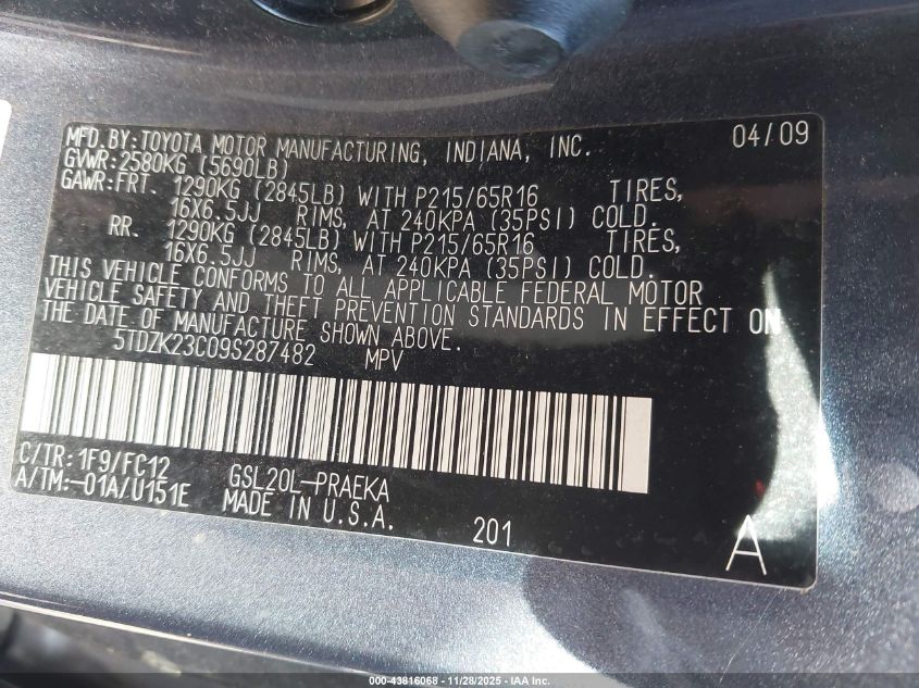 2009 Toyota Sienna Le VIN: 5TDZK23C09S287482 Lot: 43816068