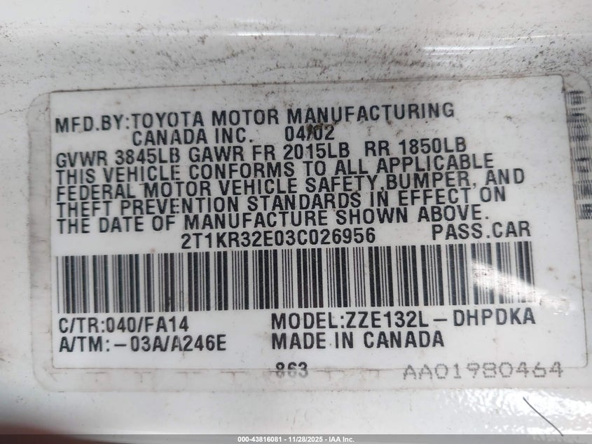 2003 Toyota Matrix Standard VIN: 2T1KR32E03C026956 Lot: 43816081