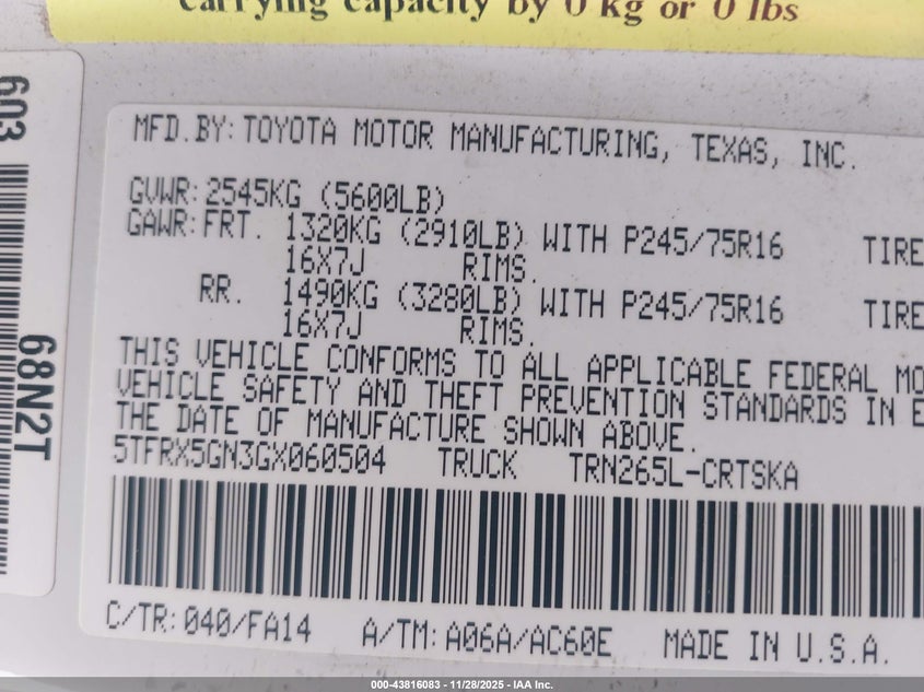 2016 Toyota Tacoma Sr VIN: 5TFRX5GN3GX060504 Lot: 43816083