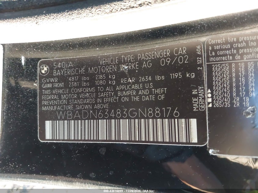 2003 BMW 540Ia VIN: WBADN63483GN88176 Lot: 43816099