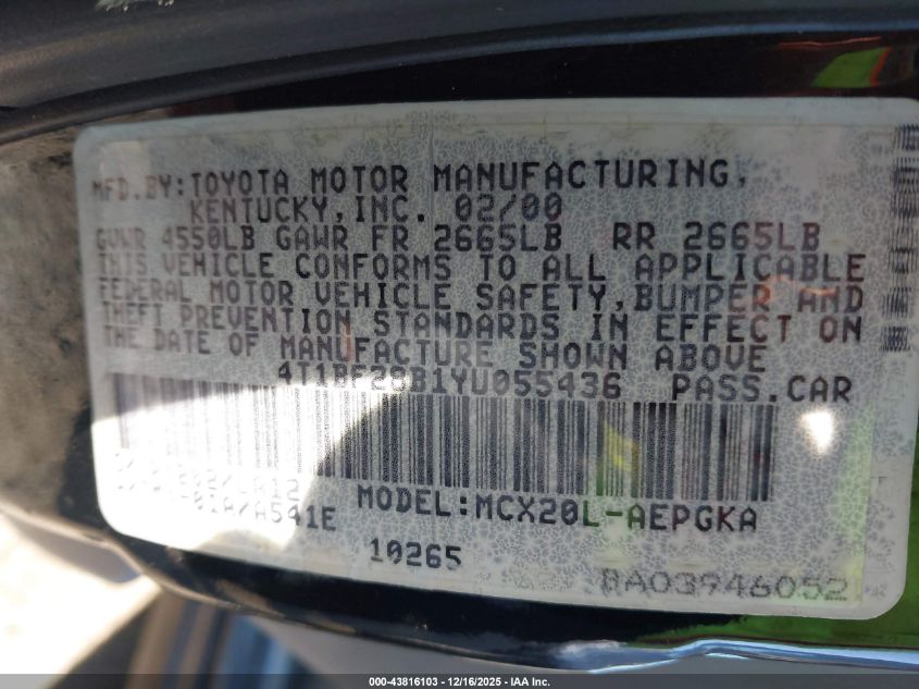 2000 Toyota Avalon Xls VIN: 4T1BF28B1YU055436 Lot: 43816103