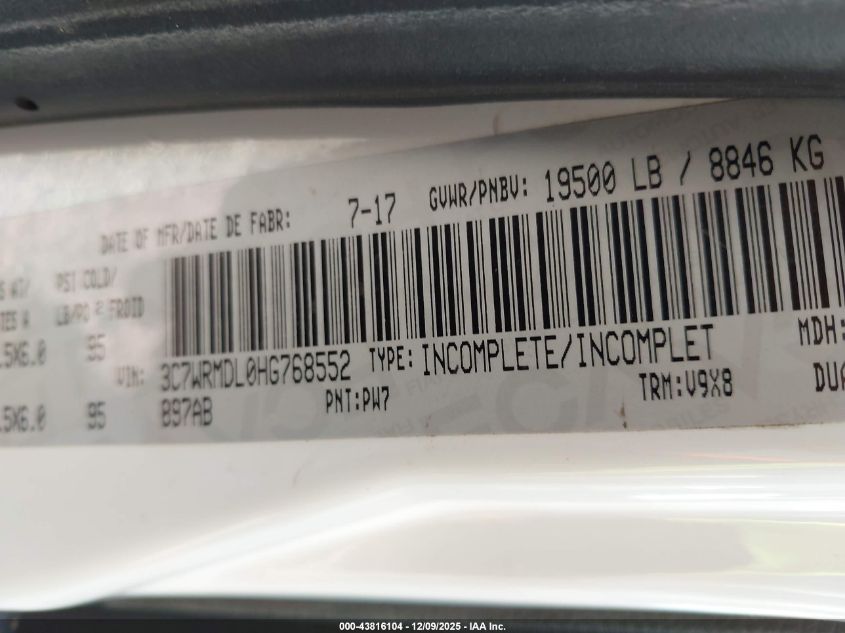 2017 Ram 5500 Chassis St/Slt VIN: 3C7WRMDL0HG768552 Lot: 43816104